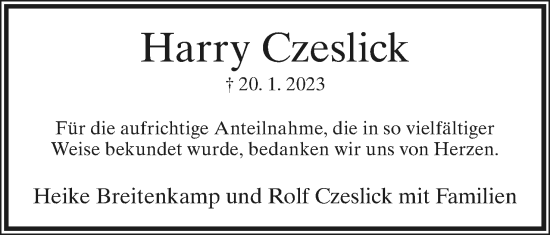 Anzeige  Harry Czeslick  Lippische Landes-Zeitung
