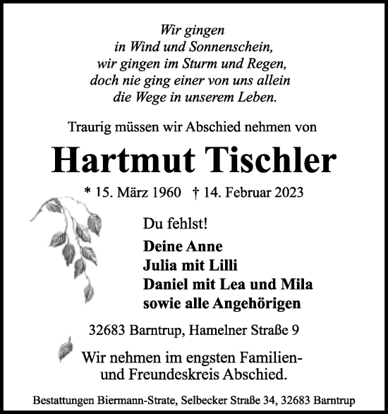 Anzeige  Hartmut Tischler  Lippische Landes-Zeitung