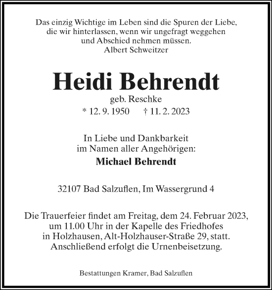 Anzeige  Heidi Behrendt  Lippische Landes-Zeitung