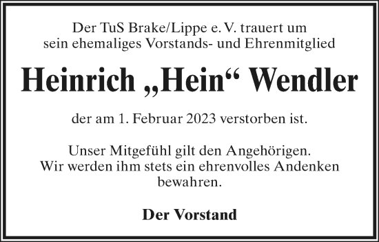 Anzeige  Heinrich Wendler  Lippische Landes-Zeitung