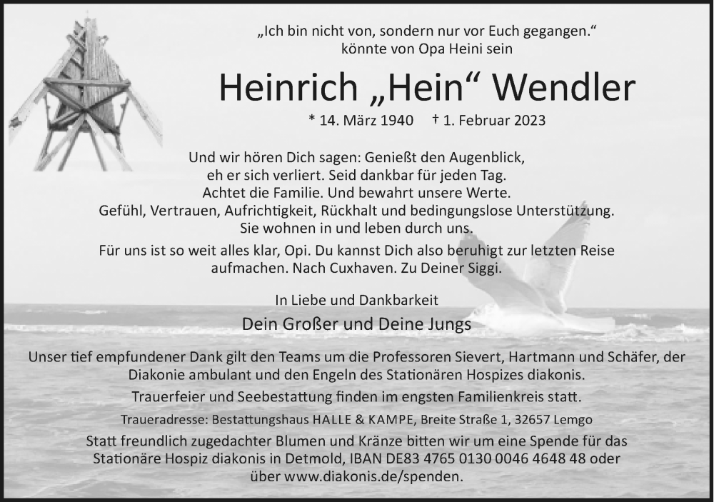  Traueranzeige für Heinrich Wendler vom 11.02.2023 aus Lippische Landes-Zeitung