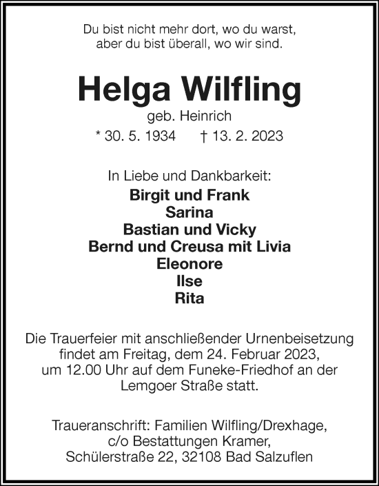 Anzeige  Helga Wilfling  Lippische Landes-Zeitung