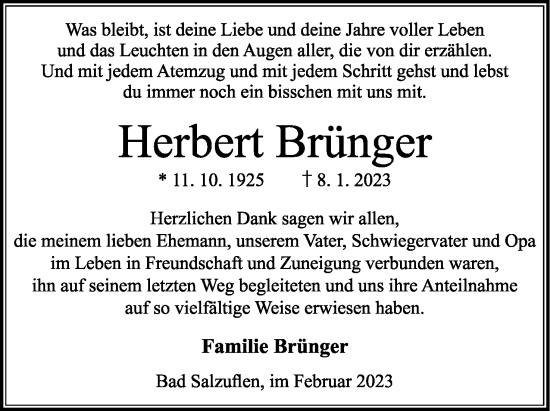 Anzeige  Herbert Brünger  Lippische Landes-Zeitung