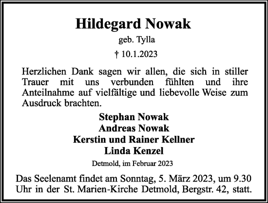 Anzeige  Hildegard Nowak  Lippische Zeitung