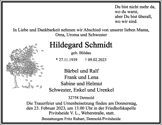 Anzeige  Hildegard Schmidt  Lippische Landes-Zeitung
