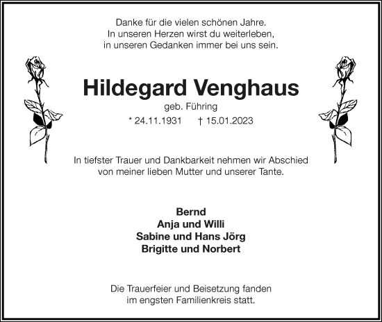 Anzeige  Hildegard Venghaus  Lippische Landes-Zeitung