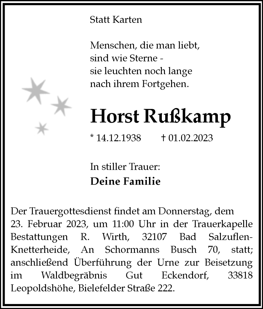  Traueranzeige für Horst Rußkamp vom 11.02.2023 aus Lippische Landes-Zeitung