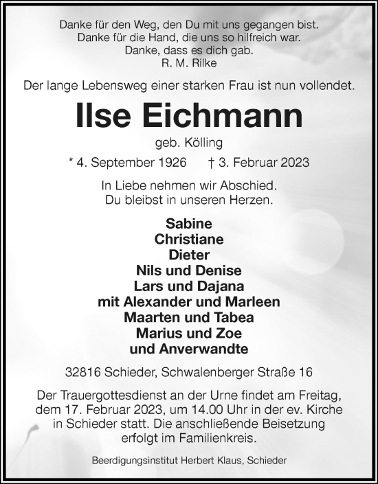 Anzeige  Ilse Eichmann  Lippische Landes-Zeitung