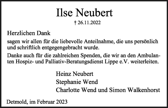 Anzeige  Ilse Neubert  Lippische Landes-Zeitung