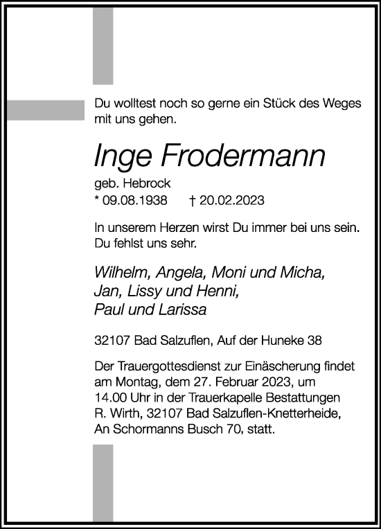 Anzeige  Inge Frodermann  Lippische Landes-Zeitung