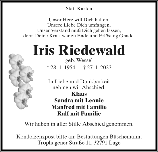 Anzeige  Iris Riedewald  Lippische Landes-Zeitung