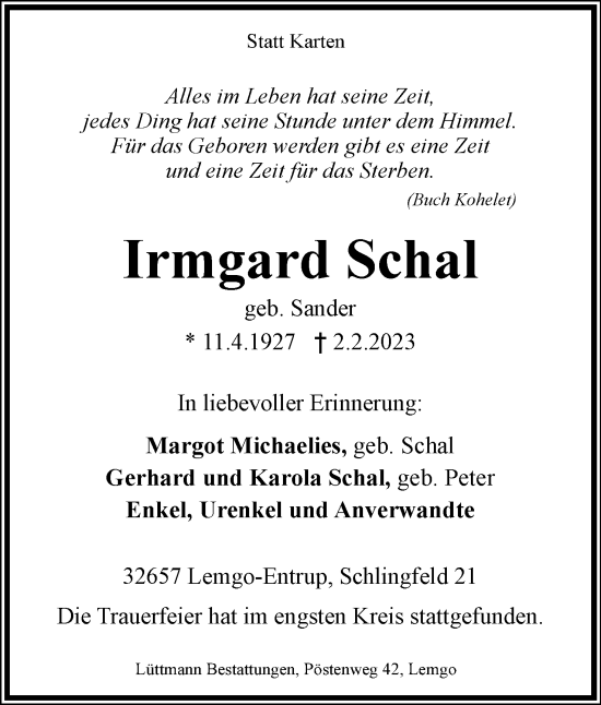Anzeige  Irmgard Schal  Lippische Landes-Zeitung