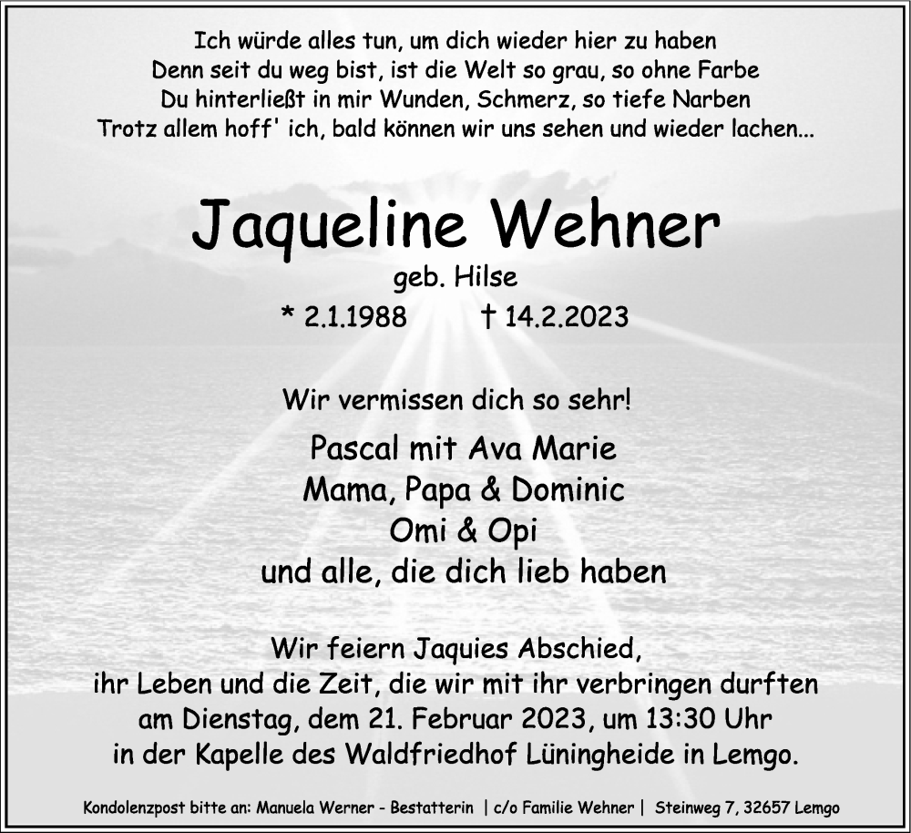 Traueranzeige für Jaqueline Wehner vom 18.02.2023 aus Lippische Landes-Zeitung