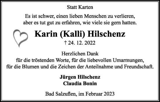 Anzeige  Karin Hilschenz  Lippische Landes-Zeitung