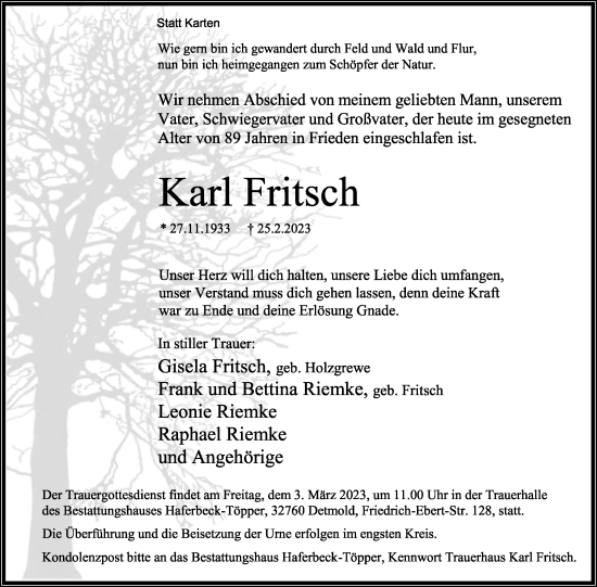 Anzeige  Karl Fritsch  Lippische Landes-Zeitung