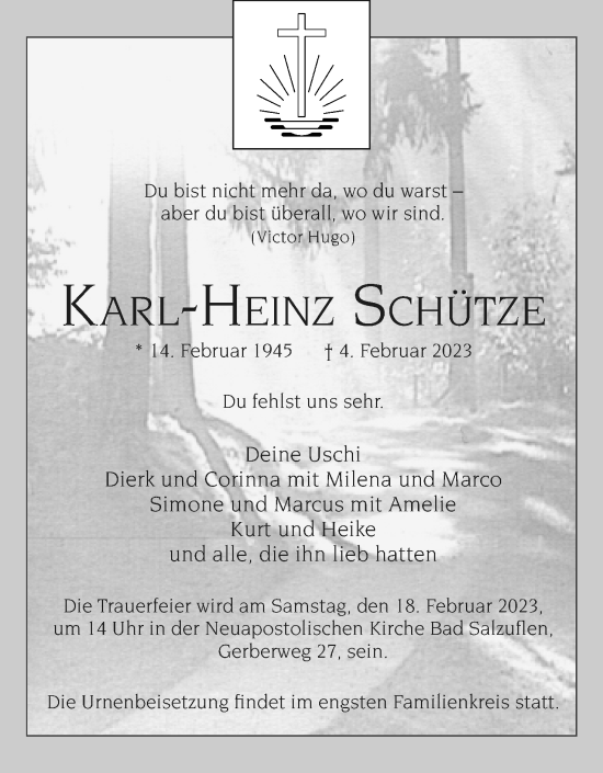 Anzeige  Karl-Heinz Schütze  Lippische Landes-Zeitung
