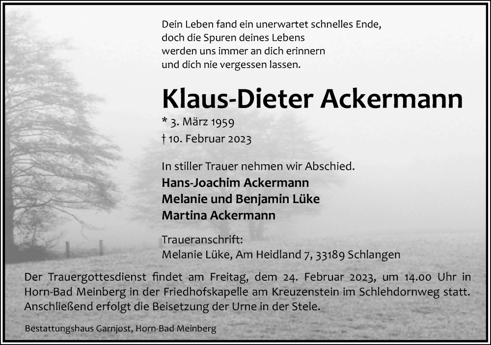  Traueranzeige für Klaus-Dieter Ackermann vom 18.02.2023 aus Lippische Landes-Zeitung