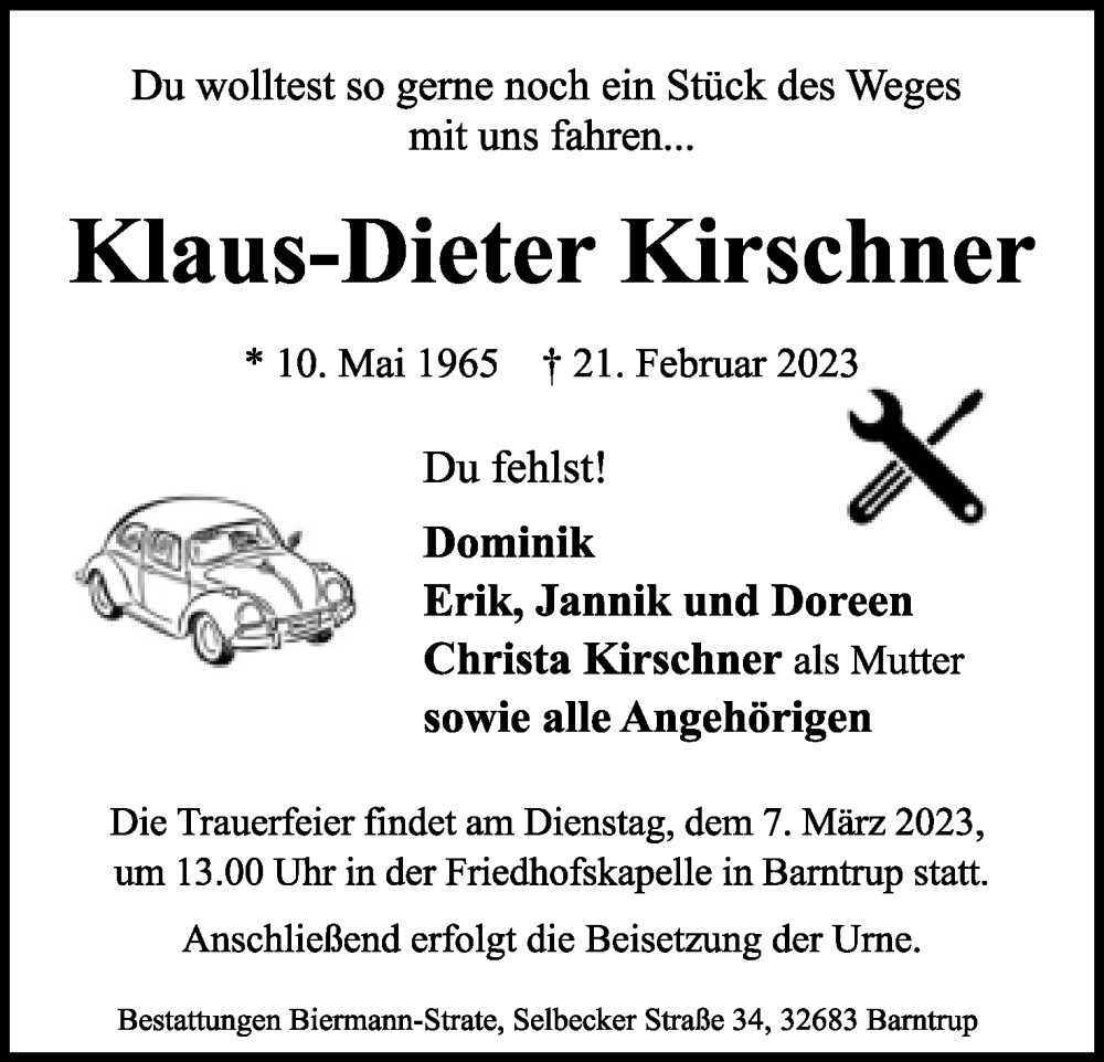  Traueranzeige für Klaus-Dieter Kirschner vom 25.02.2023 aus Lippische Landes-Zeitung