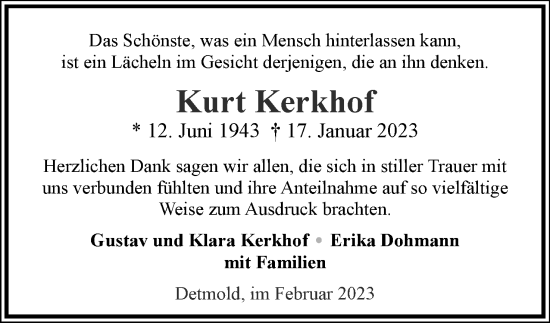 Anzeige  Kurt Kerkhof  Lippische Landes-Zeitung