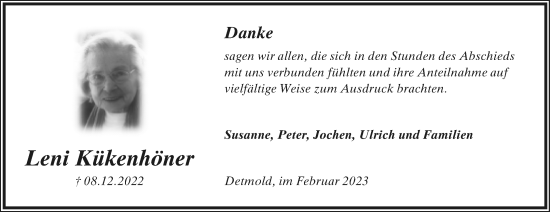 Anzeige  Leni Kükenhöner  Lippische Landes-Zeitung