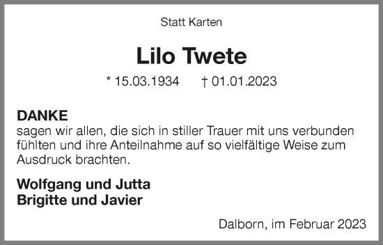 Anzeige  Lilo Twete  Lippische Landes-Zeitung