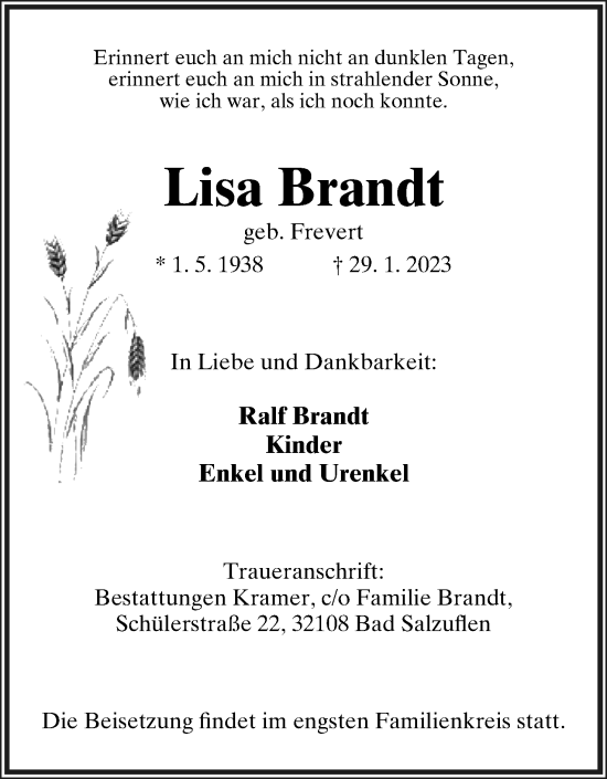 Anzeige  Lisa Brandt  Lippische Landes-Zeitung