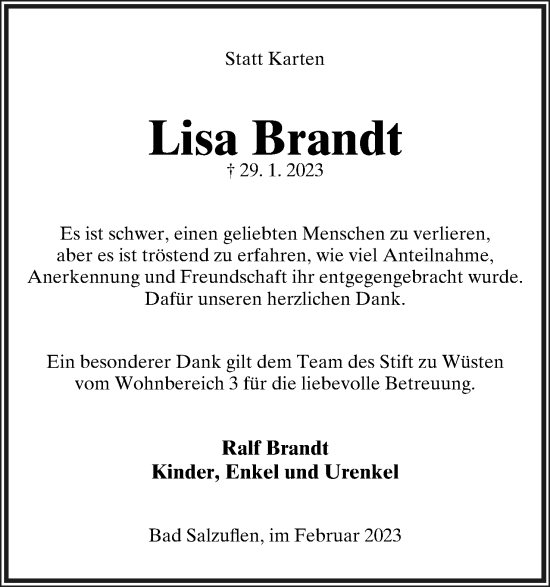 Anzeige  Lisa Brandt  Lippische Landes-Zeitung
