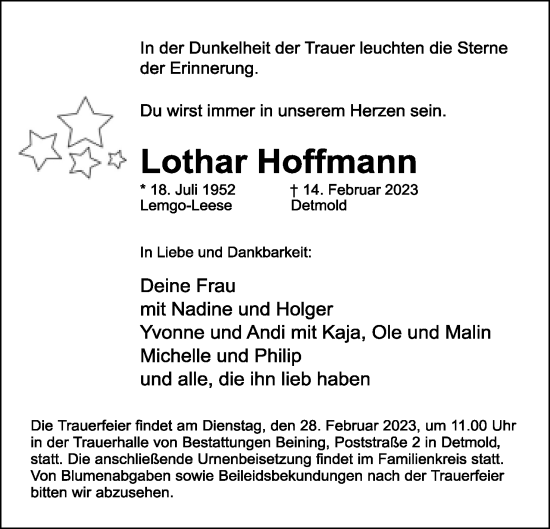 Anzeige  Lothar Hoffmann  Lippische Landes-Zeitung