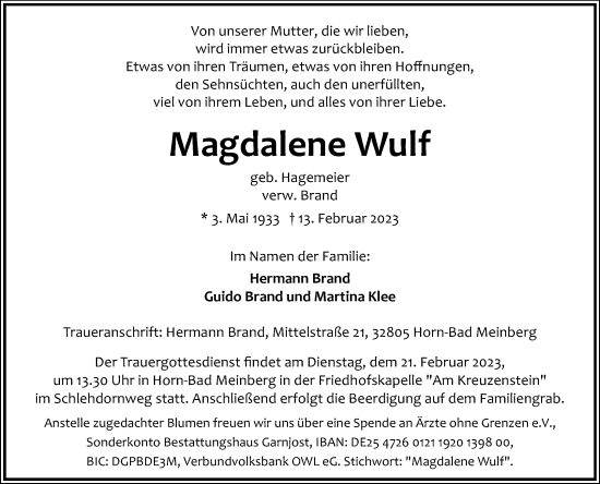 Anzeige  Magdalene Wulf  Lippische Landes-Zeitung