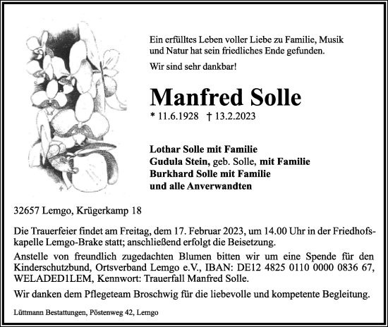 Anzeige  Manfred Solle  Lippische Landes-Zeitung