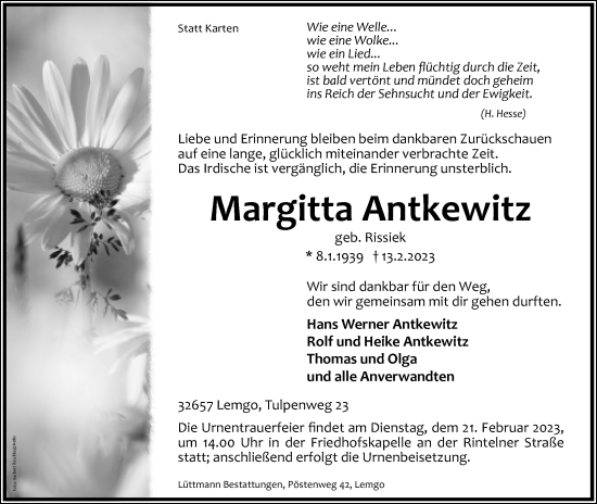 Anzeige  Margitta Antkewitz  Lippische Landes-Zeitung