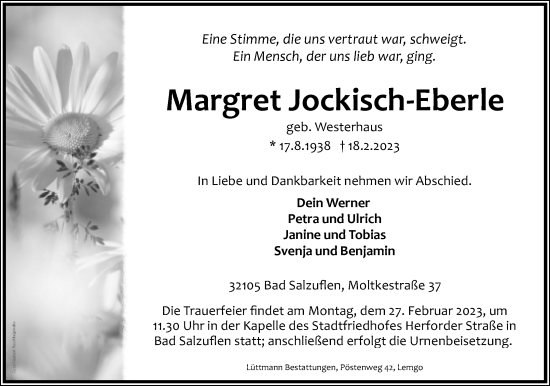 Anzeige  Margret Jockisch-Eberle  Lippische Landes-Zeitung