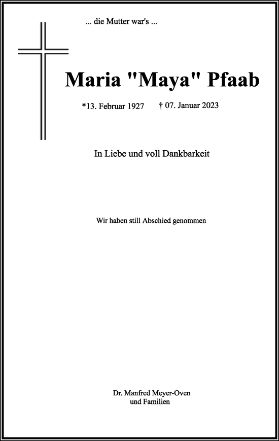 Anzeige  Maria Pfaab  Lippische Landes-Zeitung