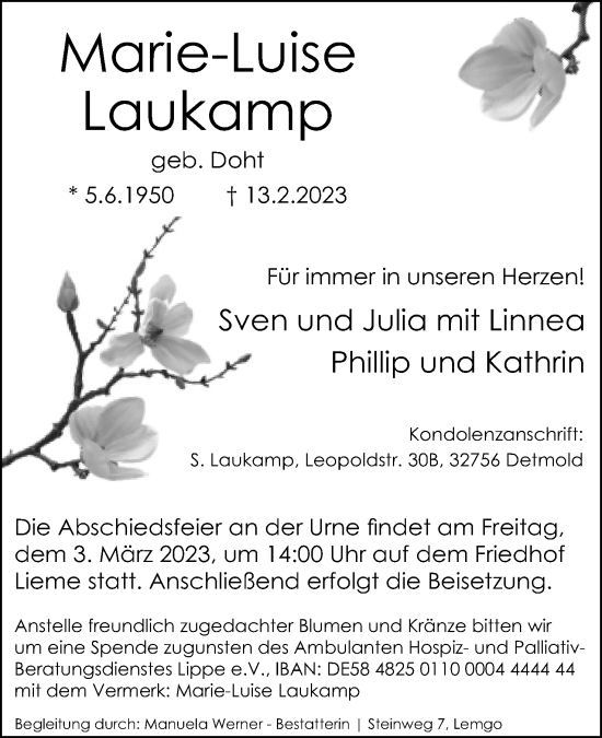 Anzeige  Marie-Luise Laukamp  Lippische Landes-Zeitung