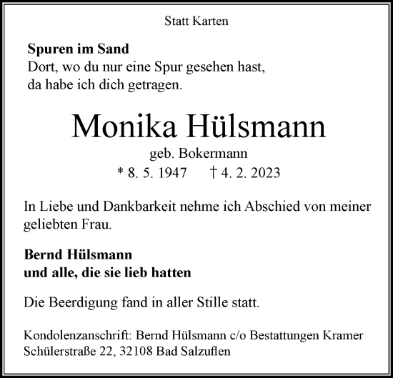 Anzeige  Monika Hülsmann  Lippische Landes-Zeitung