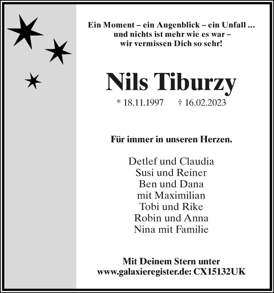  Traueranzeige für Nils Tiburzy vom 25.02.2023 aus Lippische Zeitung