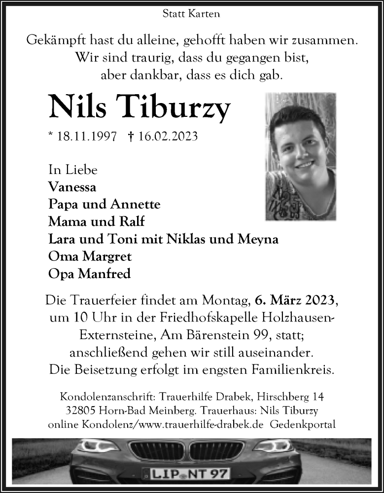  Traueranzeige für Nils Tiburzy vom 25.02.2023 aus Lippische Zeitung