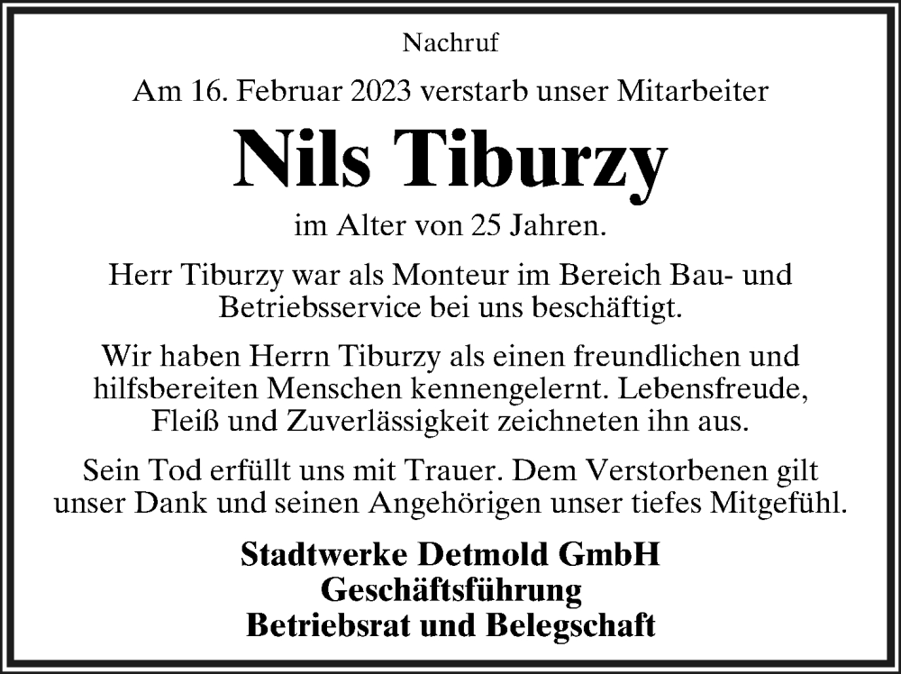 Traueranzeige für Nils Tiburzy vom 25.02.2023 aus Lippische Zeitung