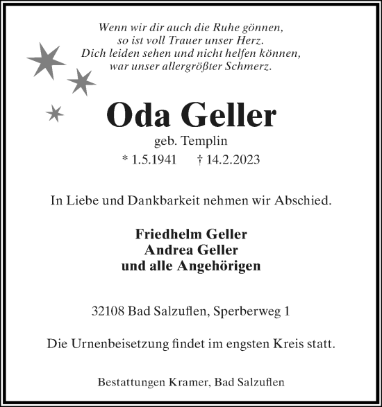 Anzeige  Oda Geller  Lippische Landes-Zeitung