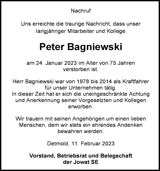 Anzeige  Peter Bagniewski  Lippische Landes-Zeitung