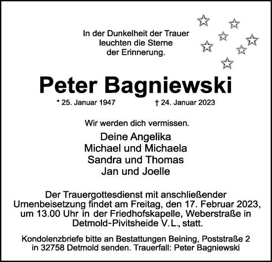 Anzeige  Peter Bagniewski  Lippische Landes-Zeitung