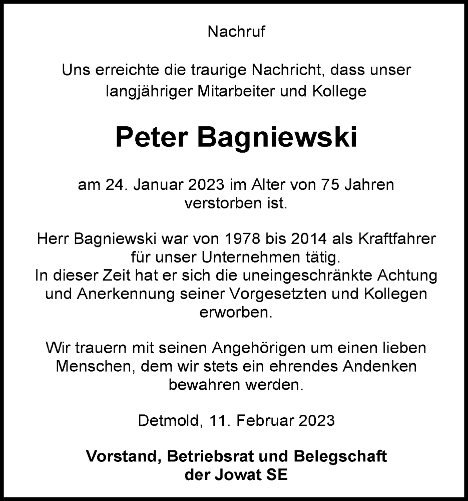  Traueranzeige für Peter Bagniewski vom 11.02.2023 aus Lippische Landes-Zeitung