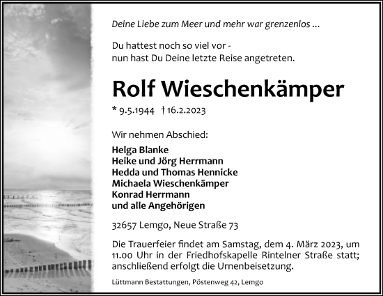 Anzeige  Rolf Wieschenkämper  Lippische Landes-Zeitung