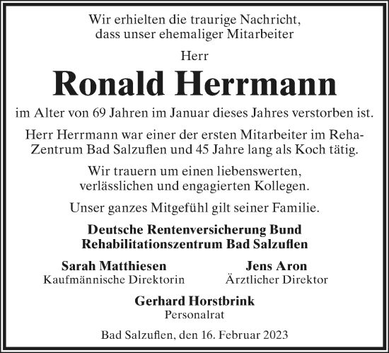 Anzeige  Ronald Herrmann  Lippische Landes-Zeitung