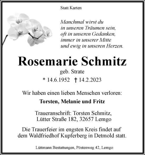 Anzeige  Rosemarie Schmitz  Lippische Landes-Zeitung
