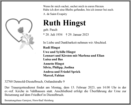 Anzeige  Ruth Hingst  Lippische Landes-Zeitung