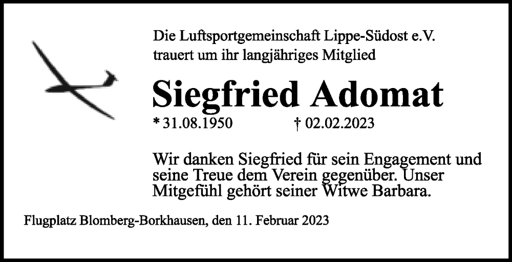  Traueranzeige für Siegfried Adomat vom 11.02.2023 aus Lippische Landes-Zeitung