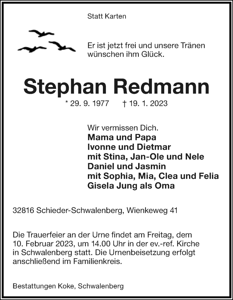  Traueranzeige für Stephan Redmann vom 04.02.2023 aus Lippische Landes-Zeitung