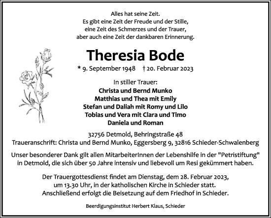 Anzeige  Theresia Bode  Lippische Landes-Zeitung