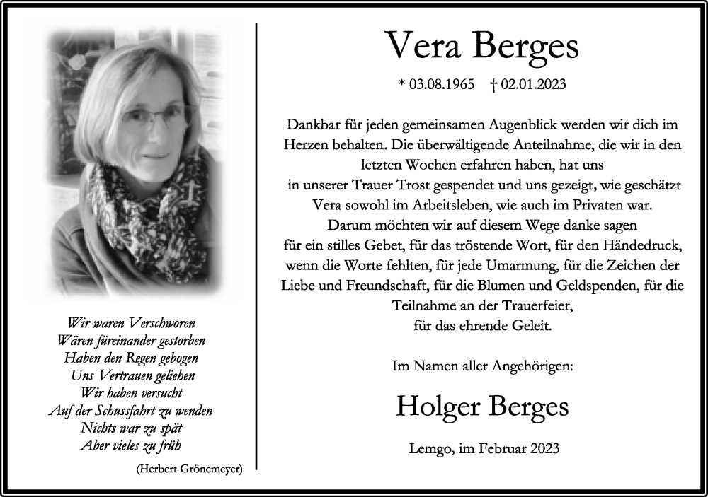  Traueranzeige für Vera Berges vom 25.02.2023 aus Lippische Landes-Zeitung